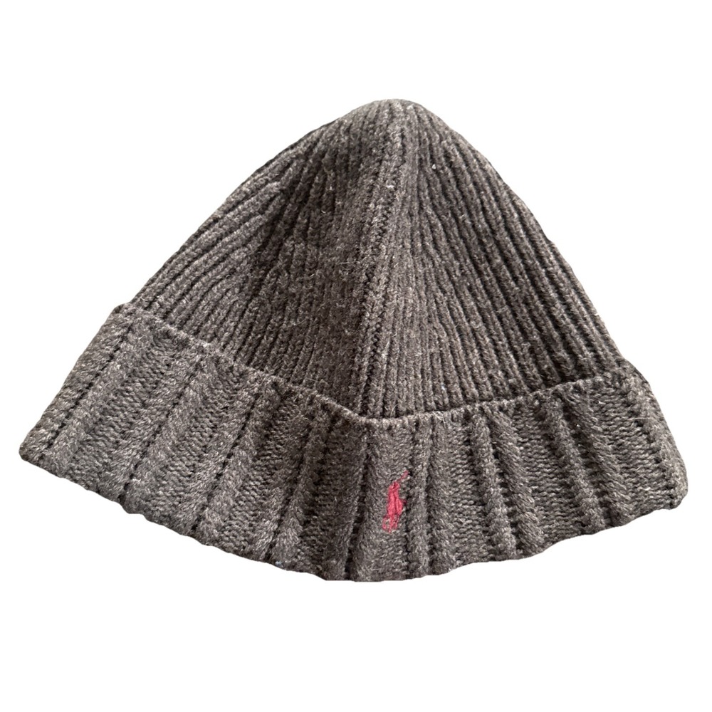 Polo Ralph Lauren Beanie Brown 100% Lambswool Wool Rib Knit Red Pony Hat Winter